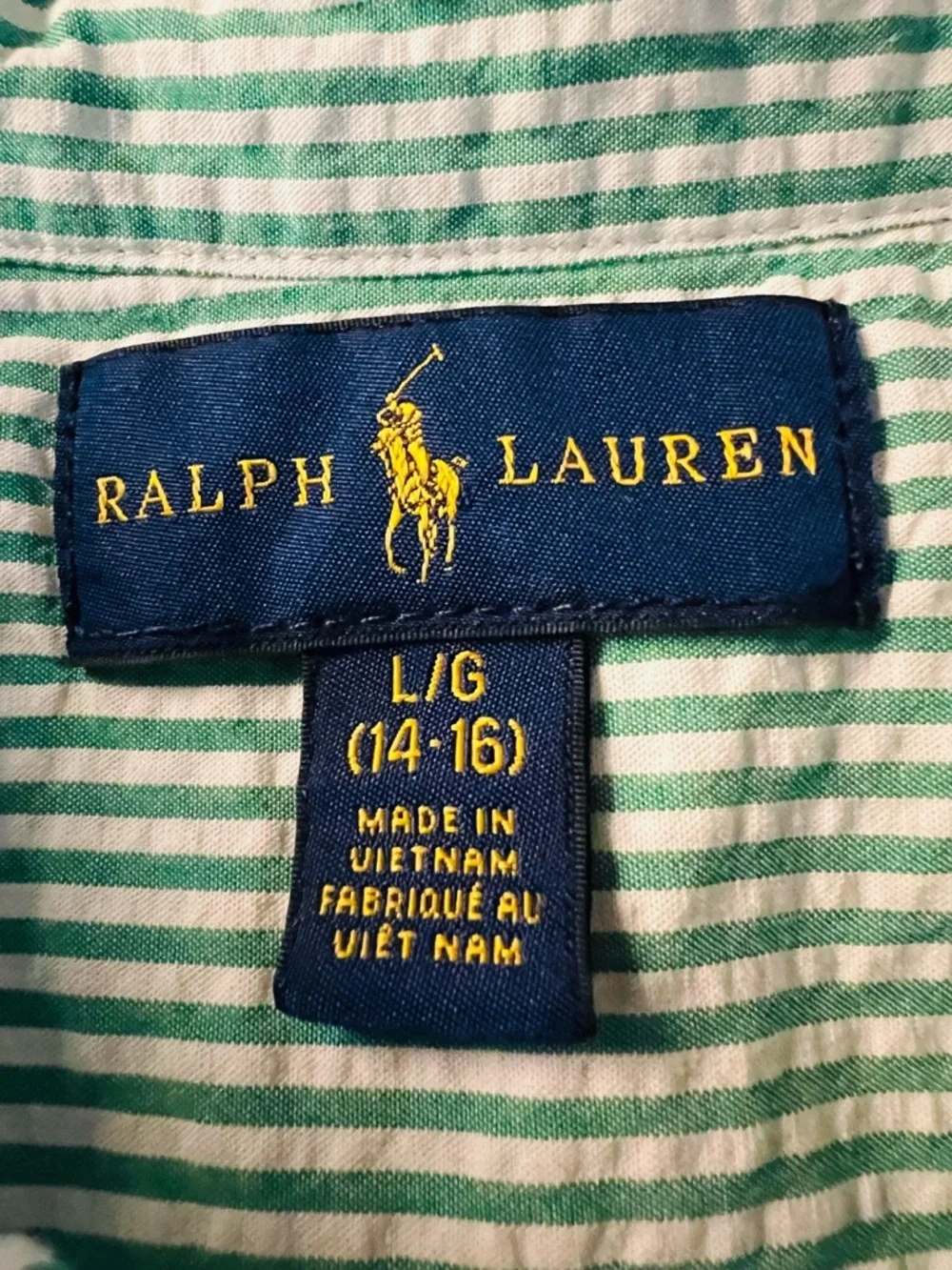 Ralph Lauren Green & White Striped Short-Sleeve Button-Down Shirt Boys SZ 14-16